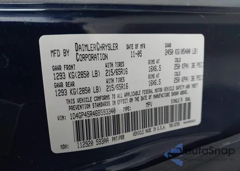 2006 Dodge Caravan Sxt из США, поврежденный, VIN 1D4GP45R46B593340